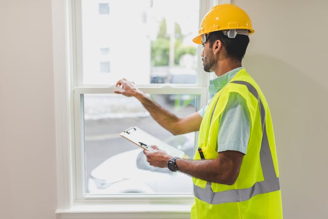 a home inspector in a yellow hardhat looking at a window's lock